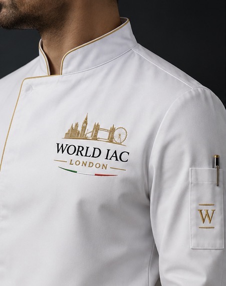 White chef jacket with the gold World IAC London emblem